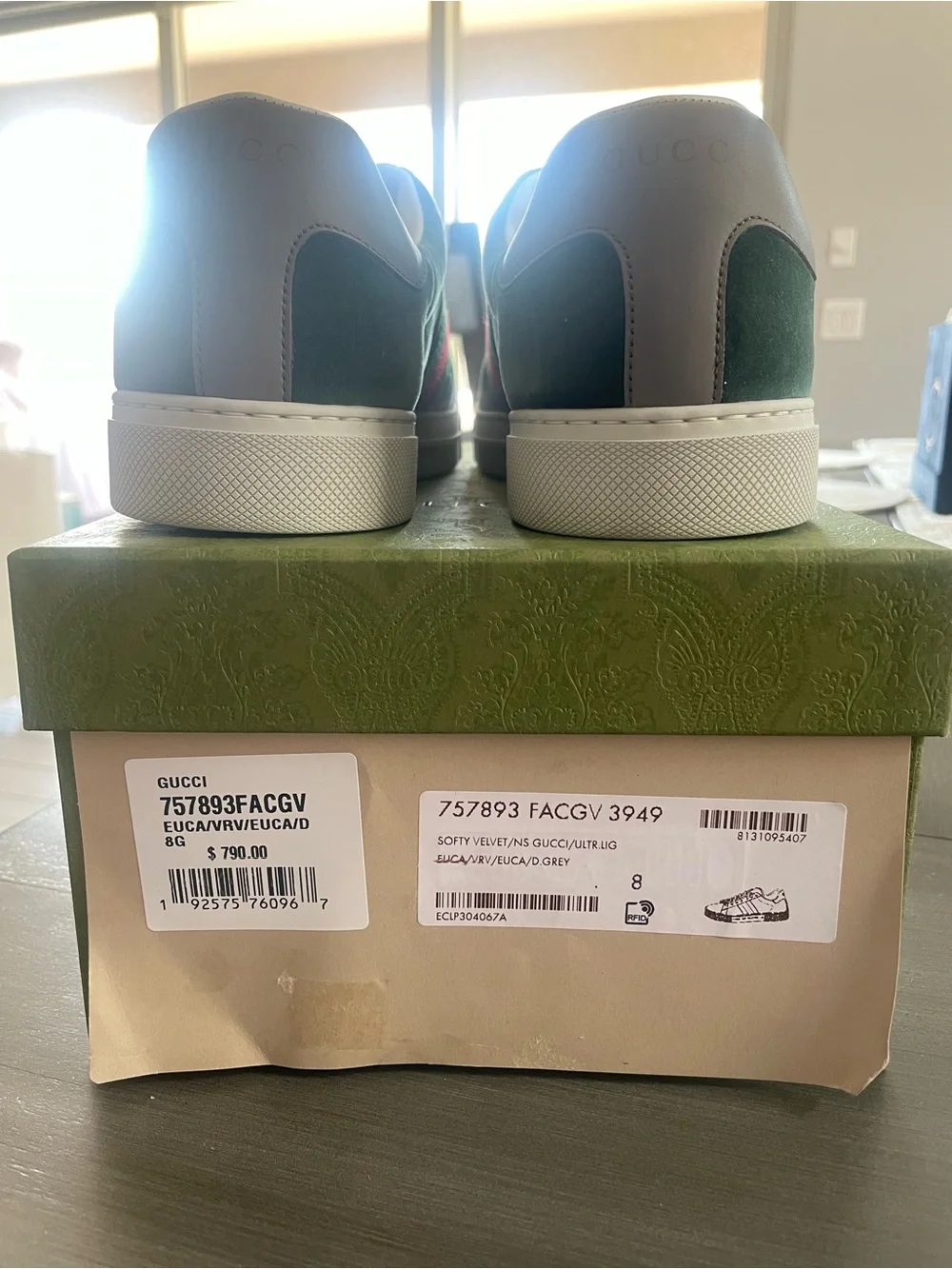 Gucci Green Velvet Sneakers with Red & Green Web Stripe